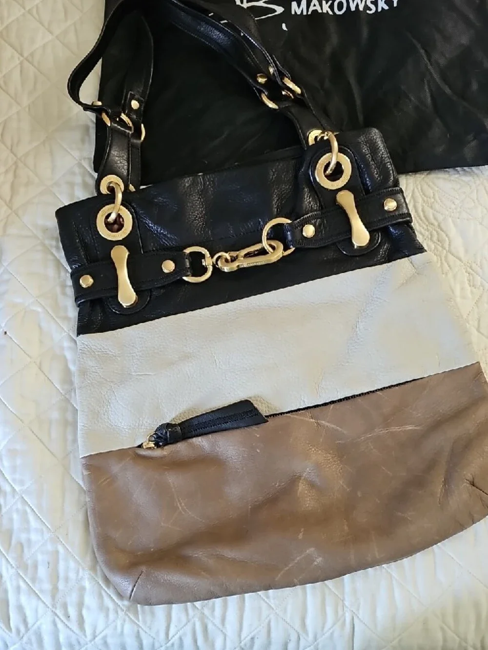 B. Makowsky Black, Cream, & Tan Leather Shoulder Bag . Inside Zip Pickets